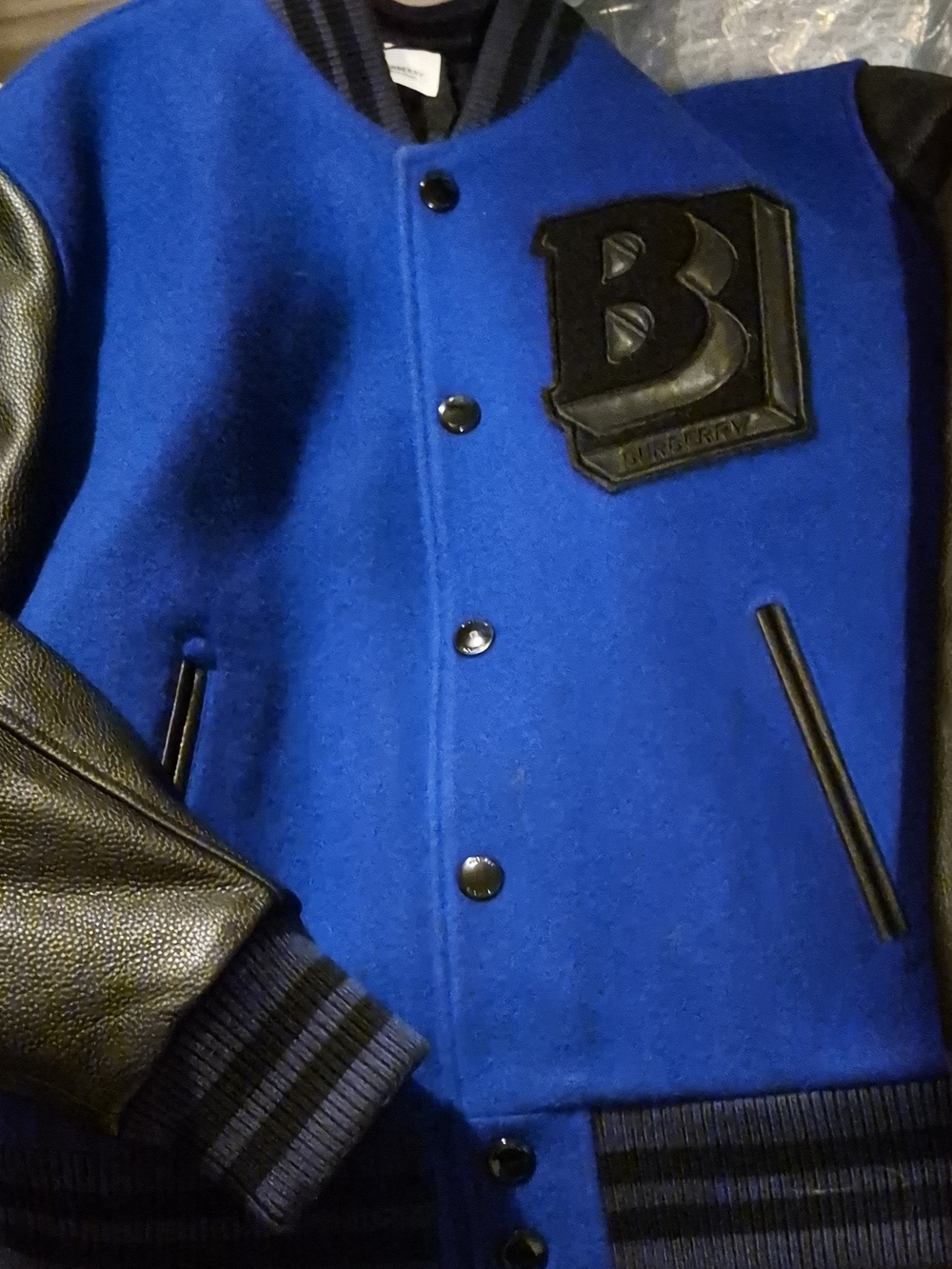 Burberry Royal Blue Wool Varsity Jacket with Black Leather Sleeves